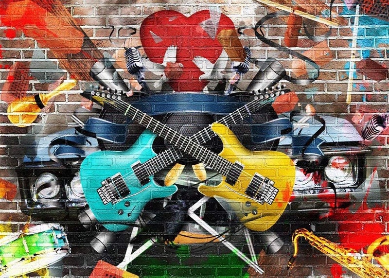 BELECO 7x5ft Fabric Rock and Roll Guitar Backdrop Graffiti Brick Wall Musical Phtography Backdrop for Party Decoration 80s 90s Birthday Banner Disco Concert Photoshoot Photo Background Props - Image 1